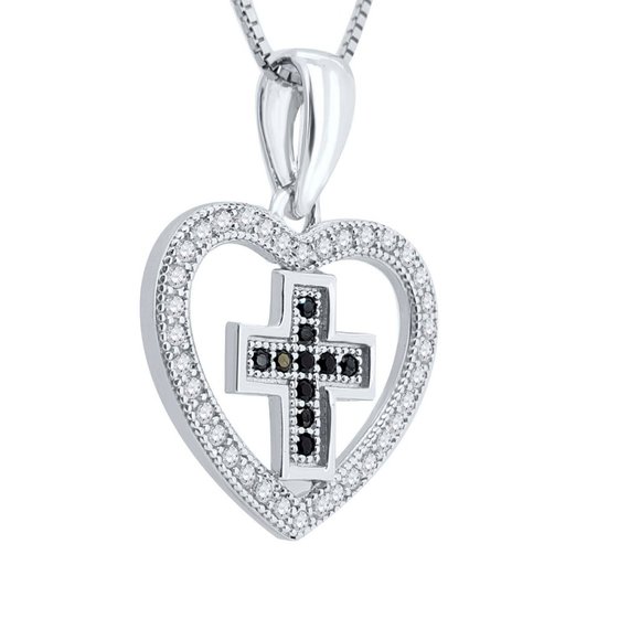 Moissanite-Black Diamond Cross-Heart Pendant Silve - Picture 3 of 4